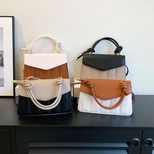 Fashion Colorblock PU Leather Shoulder Bag For Women Knotted Handle Quilted Crossbody Bag Minimalist Small Square Handbag
