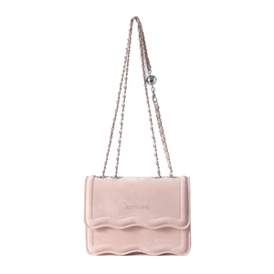 Chic pink velvet shoulder bag with wave-edge flap and silver metal chain strap