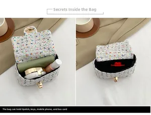 Detailed view of tweed mini bag interior showing capacity for lipstick and keys