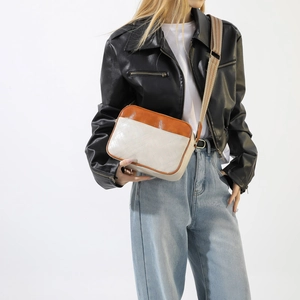 Fashion contrast color crossbody camera bag with orange leather and wide strap