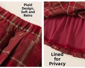 Detail of red plaid skirt with elastic high waistband and soft red inner lining fabric