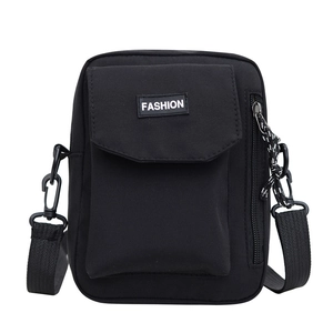 Versatile black nylon crossbody phone bag with wide adjustable strap and front flap pocket