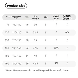 Size chart for girls winter skirt showing measurements for heights 110cm to 160cm