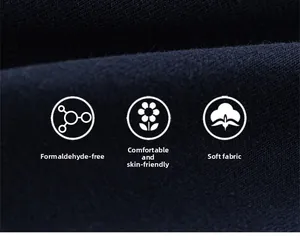 Close-up of soft skin-friendly dark blue knit fabric with formalde-hyde-free safety label