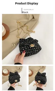 Detail of tweed crossbody bag featuring a golden metal twist lock and metallic accents