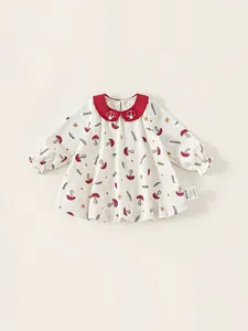 Kleinkind Mädchen Süßes Pilzdruck Baumwolle Langarmkleid Roter Peter-Pan-Kragen A-Linie Herbst Casual Partykleid