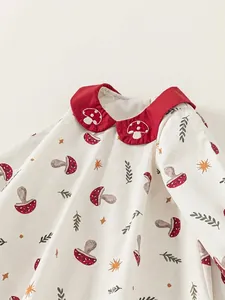 A-Linie Kinderkleid in Creme mit rotem Peter-Pan-Kragen und Pilz-Stickerei für Mädchen