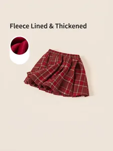 British style girls red plaid pleated skirt with thick fleece lining for winter warmth