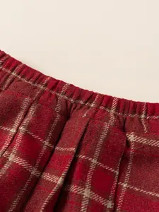 British style girls red plaid pleated skirt with elastic waistband in woolen fabric