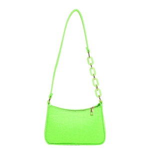 Fluorescent green faux crocodile skin baguette bag with stylish resin chain strap