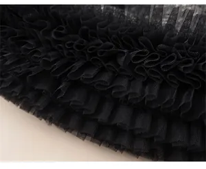 Detail shot of black layered mesh skirt with fine pleated texture and airy tulle fabric