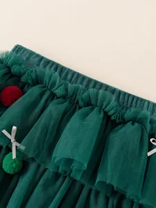 Jupe tutu en tulle vert foncé pour fille avec pompons festifs et taille en velours