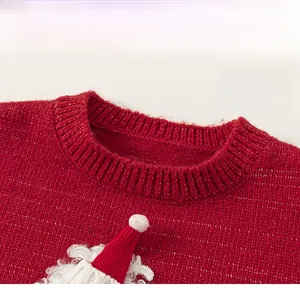 Detailed close-up of a red knitted sweater with classic round neckline and Christmas embroidery