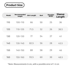 Detailed size chart for girls' pearl collar knit dress with tulle skirt measurements