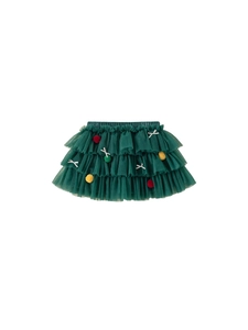 Jupe tutu de Noël vert foncé pour filles avec pompons colorés et nœud en ruban blanc
