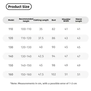 Detailed size chart for girls sweater with height, bust, and sleeve length measurements