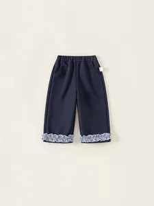 Girls Casual Navy Blue Cotton Blend Pants Comfortable Elastic Waist Trousers With Plaid Ruffle Hem For Spring Autumn