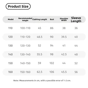 Detailed size chart for boys winter warm cotton jacket with measurements from 110 to 160