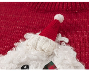 Close-up of red knit sweater featuring a 3D Christmas sheep patch with white plush fur