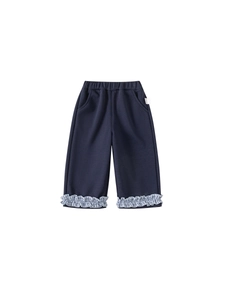 Girls dark blue casual trousers with plaid ruffled hem and elastic waist design