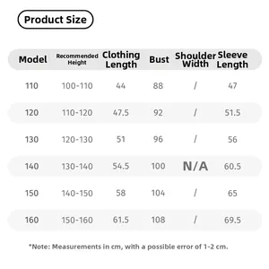 Detailed size chart for boys winter warm sweatshirt showing length bust and sleeve in cm