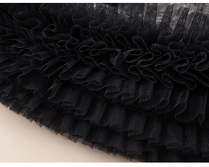 Detail of layered black pleated tulle fabric on a children's dress showing texture