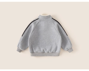 Detail of grey kids sweatshirt showing back view with black stripes and fleece lining
