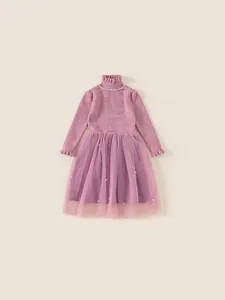 Girls Knit Patchwork Mesh Tulle Dress Long Sleeve Mock Neck Artificial Pearl Decoration Autumn Winter Princess Party Sweet Purple