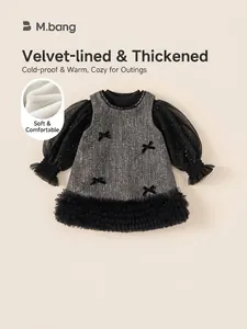Elegant Girls Winter Tweed Dress Set Fleece Lined Mesh Sequin Sleeves Bowknot Patchwork Princess Party Tutu Dress