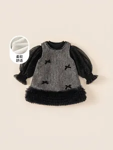 Elegant Girls Winter Tweed Dress Set Fleece Lined Mesh Sequin Sleeves Bowknot Patchwork Princess Party Tutu Dress