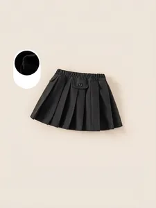 Girls black pleated skirt with thick fleece lining and elastic waist for winter warmth