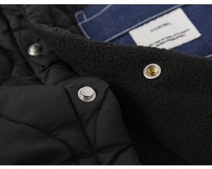 Detail of quilted jacket showing warm fleece lining and sturdy metal snap buttons