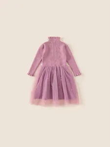 Elegant purple knit girl's dress with pearl mesh skirt and ruffled cuffs for autumn