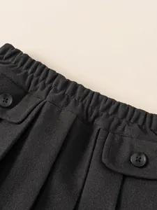 Girls winter wool pleated skirt in dark grey with elastic waist and buttoned pockets