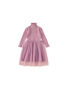 Girls pink knit dress with pearl collar and layered tulle skirt for autumn fashion