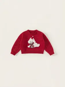 Girls Christmas Knit Sweater Red Polyester Cartoon Dog Long Sleeve Pullover Autumn Winter Warm Kids Clothing Top