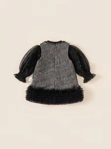 Elegant girls tweed dress with black tulle bubble sleeves and white polka dots details