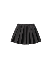 Winter pleated wool skirt for girls featuring elastic waist and buttoned pockets in dark grey