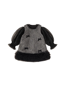 Elegant girls grey tweed dress with black tulle puff sleeves and bow accents for winter