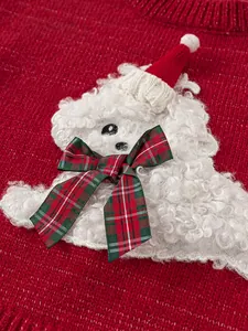 Red Christmas knit sweater for girls with a plush 3D puppy patch wearing a festive mini hat