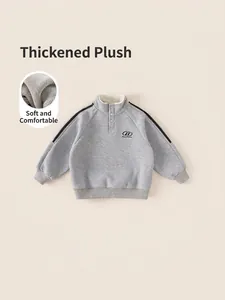 Boys Winter Warm Fleece Lined Sweatshirt Embroidered Stand Collar Long Sleeve Kids Pullover Top Striped Heather Grey