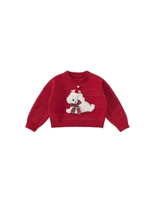 Festive red knitted sweater for girls featuring a cute 3D dog applique with a Christmas hat