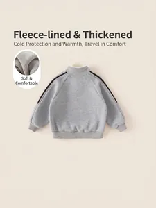 Winter boys thick fleece-lined grey sweatshirt with stand collar and black sleeve stripes