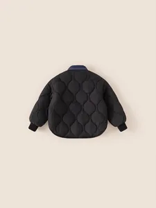 Kids quilted black jacket with blue denim collar and puffer lining for winter warmth