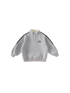 Boys winter warm grey fleece-lined sweatshirt with high collar and stripe detail
