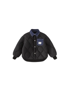 Boy's winter quilted jacket in black with blue denim collar and white button details