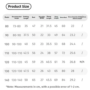 Size chart for winter tulle dress set showing measurements from 73cm to 140cm height