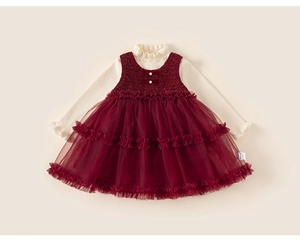 Detail of baby girl tutu dress featuring a burgundy layered tulle skirt and bow accent