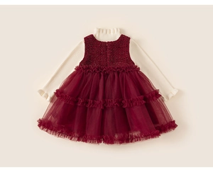 Detail of girls burgundy tweed dress with ribbed knit sleeves and tiered mesh skirt