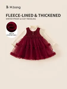 Girls Winter Knit Long Sleeve Top And Fleece Lined Tweed Mesh Artificial Pearl Bow Princess Dress For Party Wedding Korean Style Kids Outfits